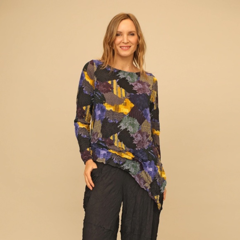 Chalet Et Ceci Asymmetrical Multicolor Long Sleeve Top - Yellow & Purple Print